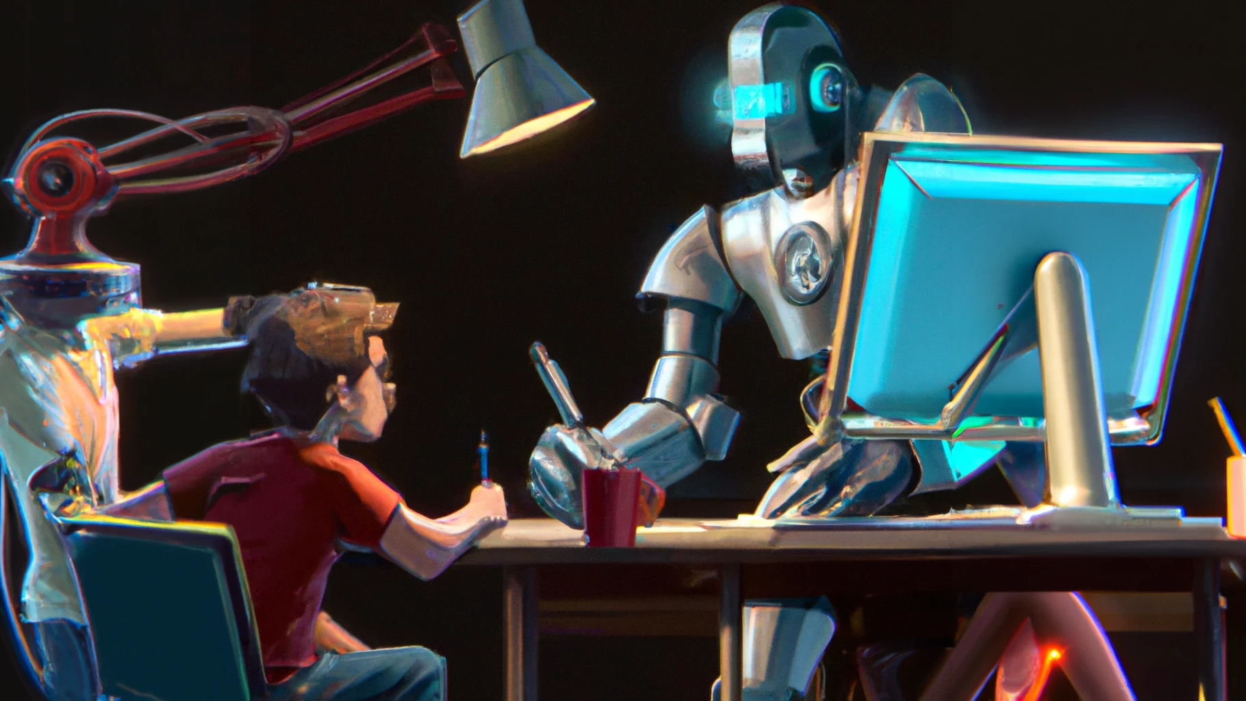 a robot helping an adult human work at a computer, digital art