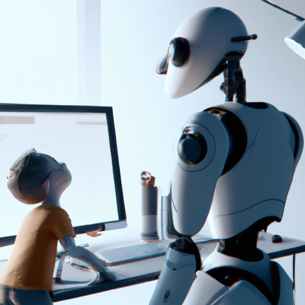 Robots and child in front of a computer