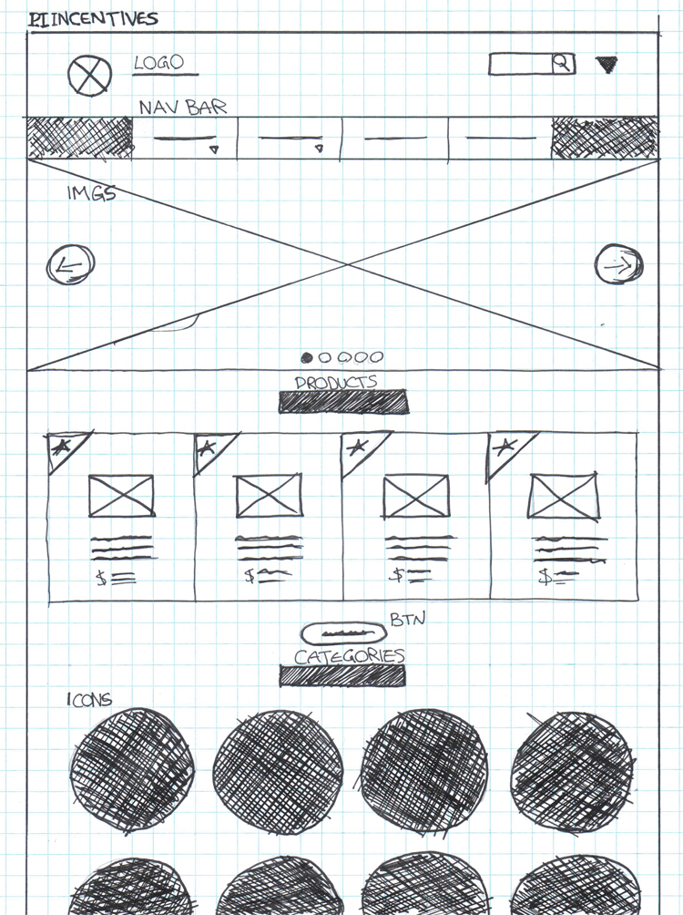 PI Incentives website&#39;s hand drawn wireframe 