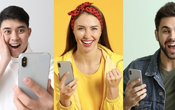 Collage of photos with happy young people holding their mobile phones