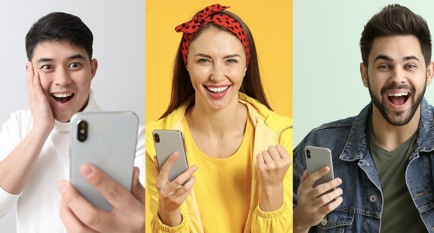 Collage of photos with happy young people holding their mobile phones