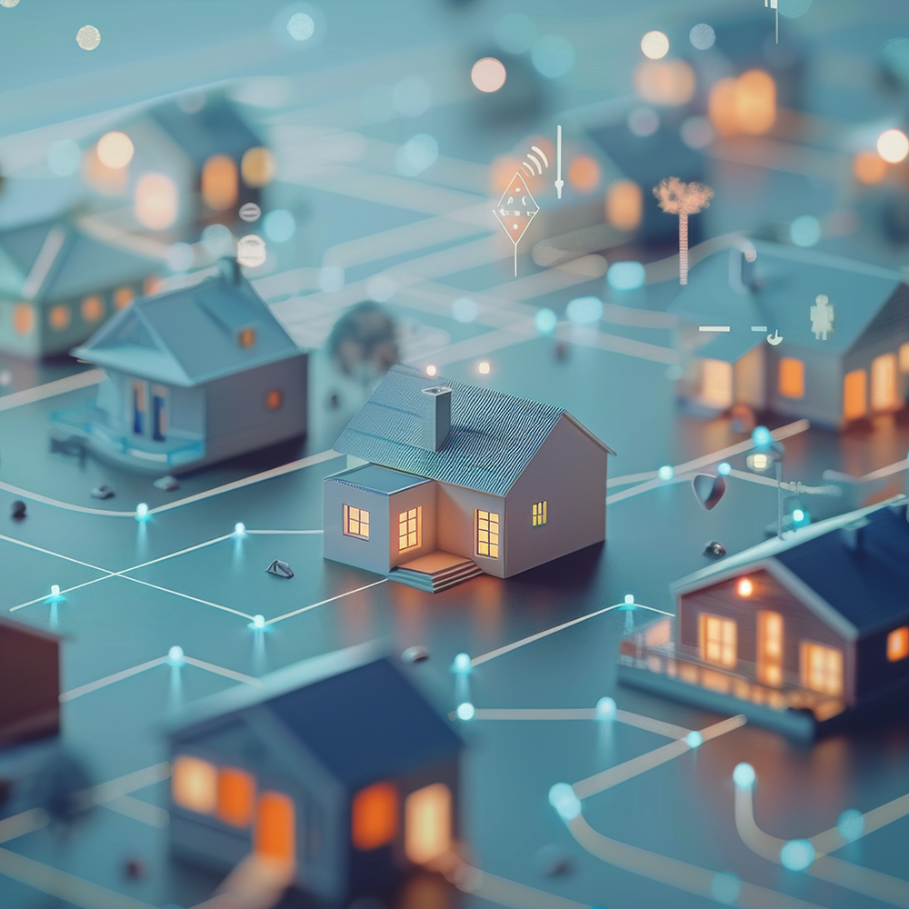 Modern 3D illustration of toy houses connected by a network of lights