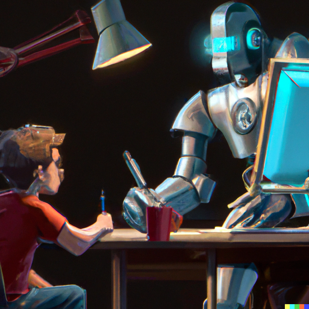 a robot helping an adult human work at a computer, digital art