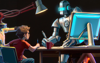 robot helping an adult human work at a computer