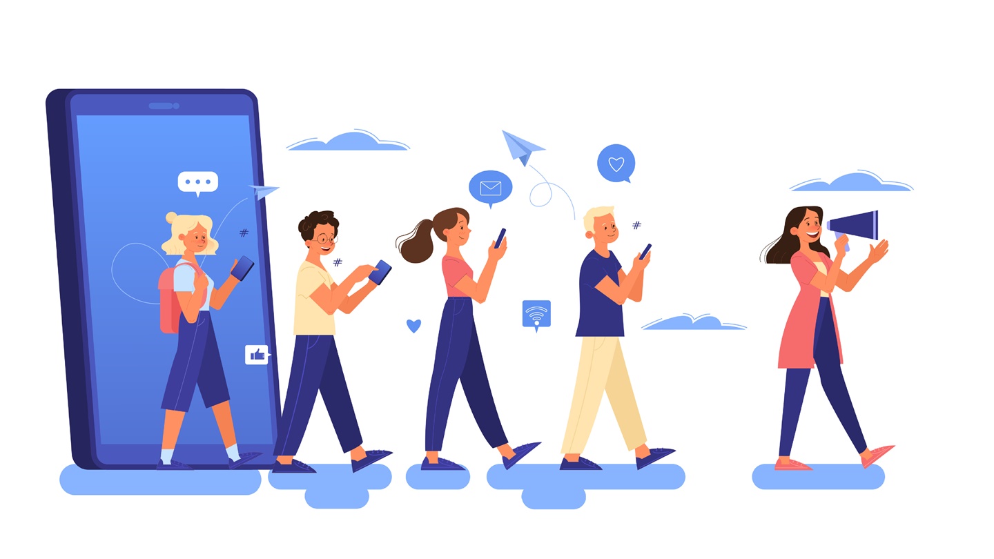 Illustration of people using cell phones with social media icons and thought bubbles