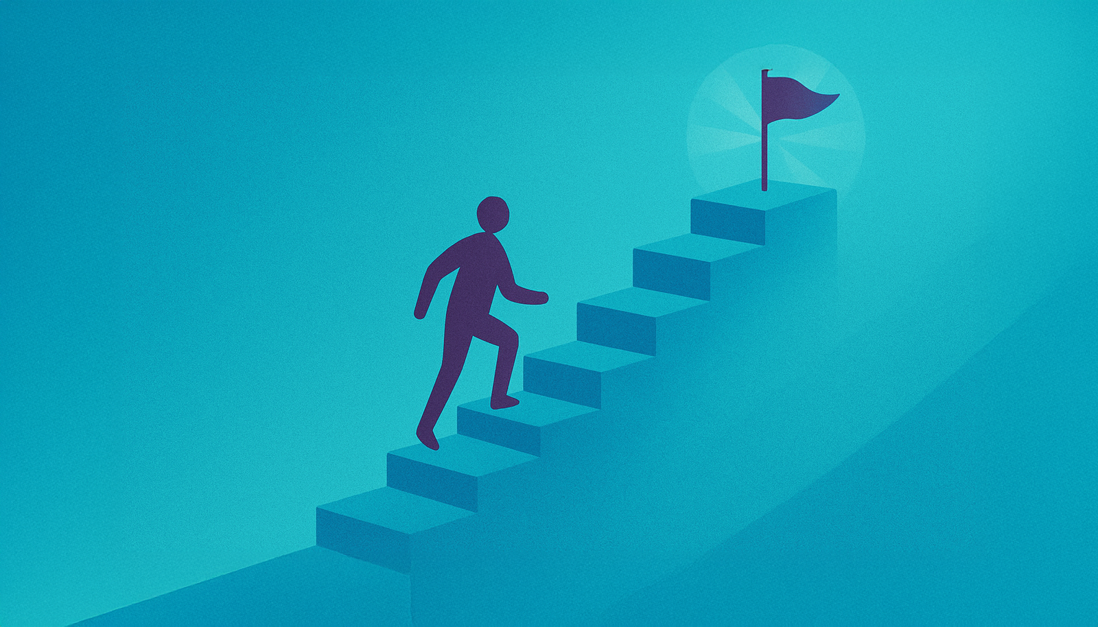 Flag at the top of a staircase with a person advancing step by step.