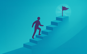 Flag at the top of a staircase with a person advancing step by step.