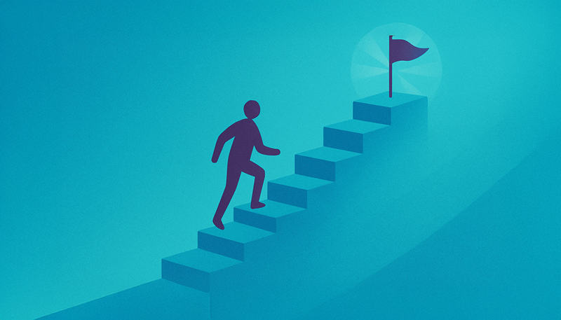 Flag at the top of a staircase with a person advancing step by step.