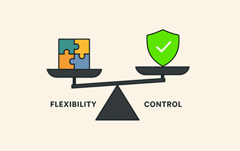 A balance scale showing a puzzle piece on the left representing flexibility. It is heavier than the counter weight showing a shield to represent control.
