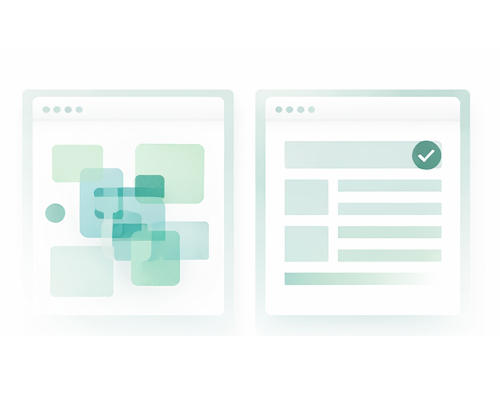 Side by side images of a collection of content on the left and an organized page on the right, implying a successful messaging