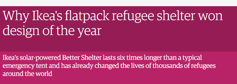 A screenshot of a news story about Ikea's flatpack refugee shelter winning Design of the Year