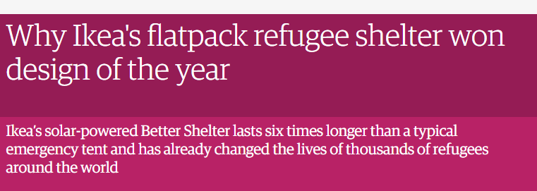 ikea_stock_image_flywheel_blog_Design_trends A screenshot of a news story about Ikea's flatpack refugee shelter winning Design of the Year