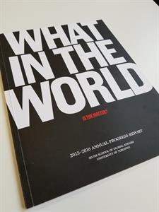 Photo of printed annual report for Munk School of Global Affairs