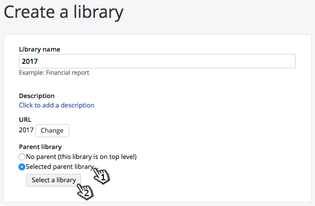 Screenshot showing selection of radio button for parent library and the button to make that library choice