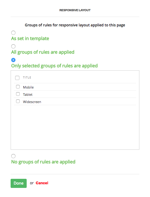 Responsive Rule Selection Screenshot Choose the options on this screen to select which rules apply (or not).