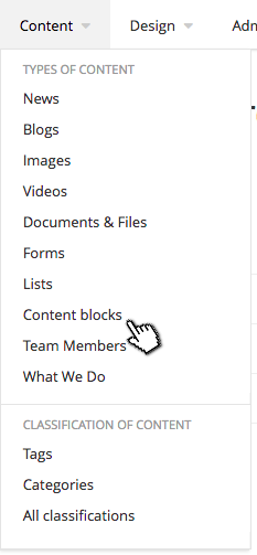 Content blocks in the content menu Access shared content blocks from the content menu