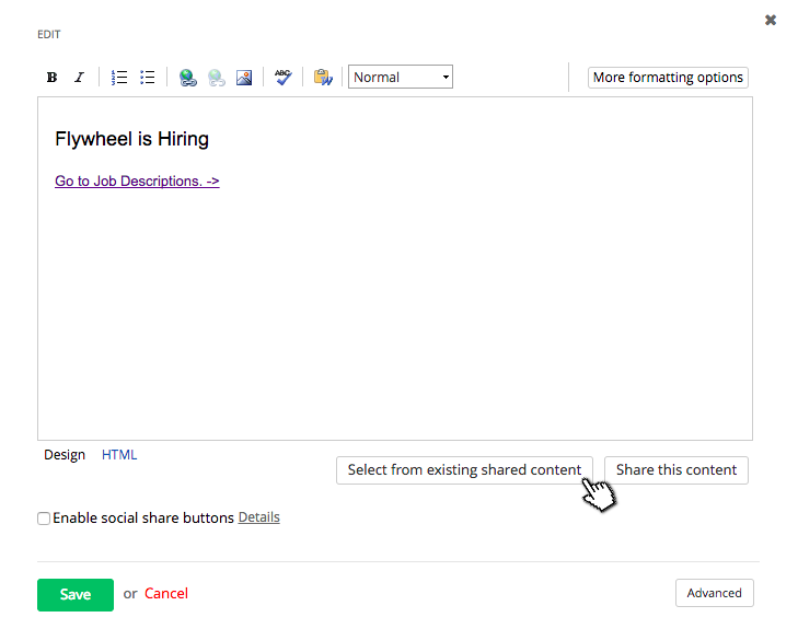 Select Existing Shared Content screenshot The button to select existing shared content is in the bottom right corner of the content editor window