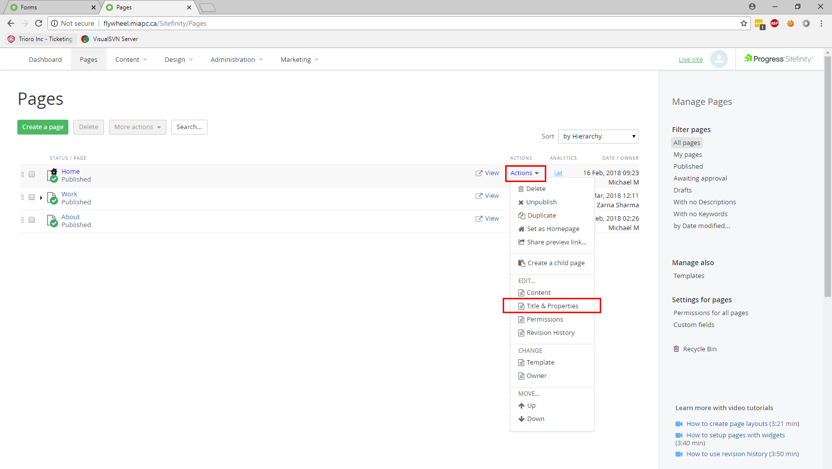Redirecting URLs 1-02 A screenshot of the Sitefinity page listing with the