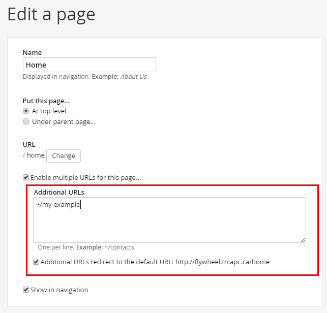 Redirecting URLs 1-04 A screenshot that indicates the Additional URLs field in the list of page properties