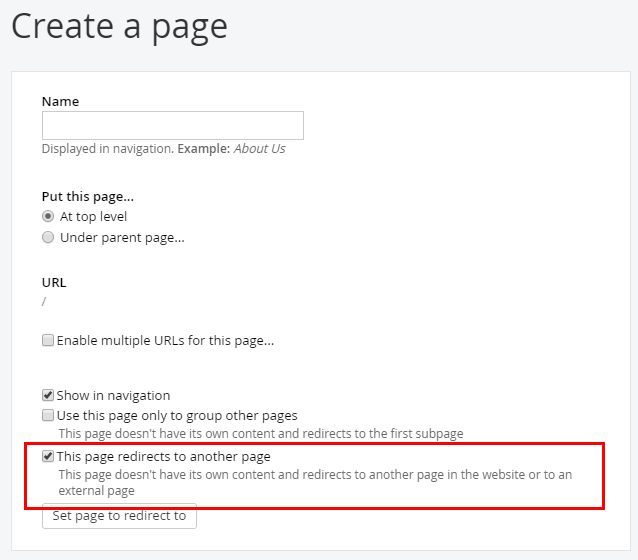 Redirecting URLs 2-02 A screenshot of a page's properties in Sitefinity. The option to set the page as a redirection page is highlighted.