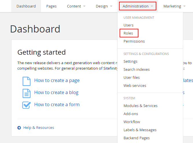 Sitefinity navigation showing the link to the Roles page