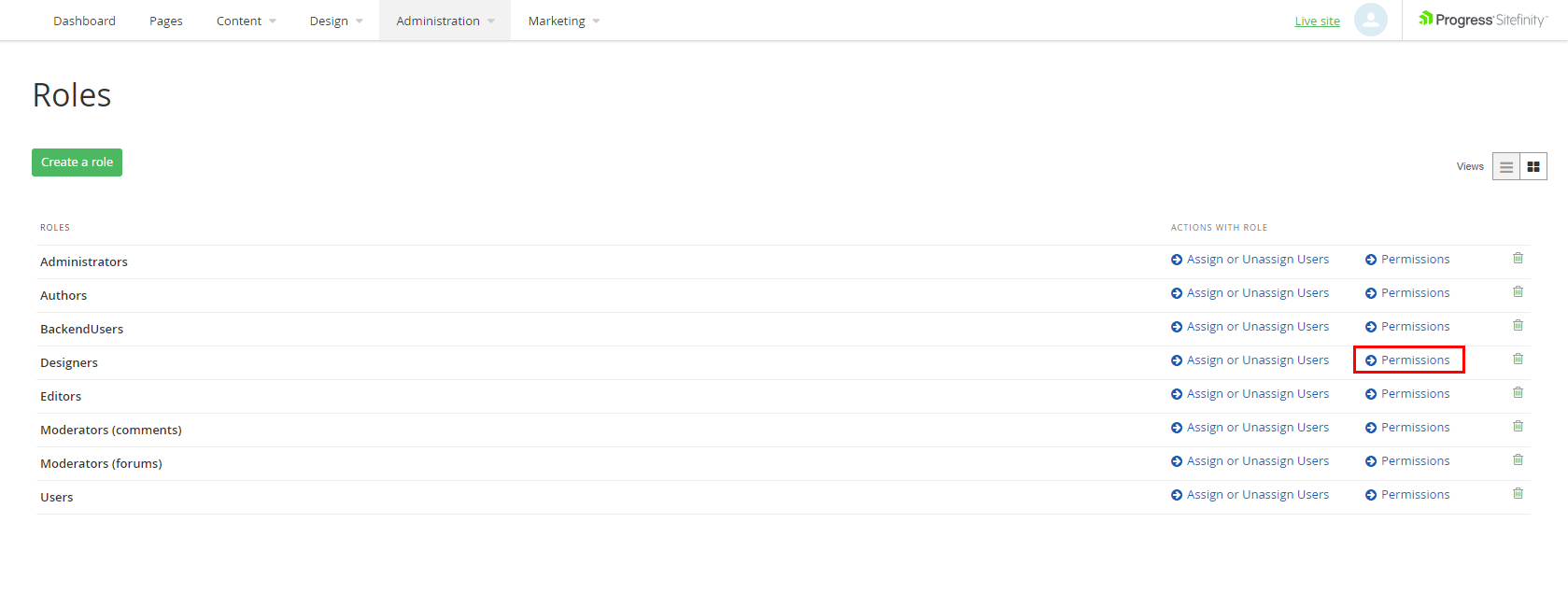 The permissions button on the Roles page