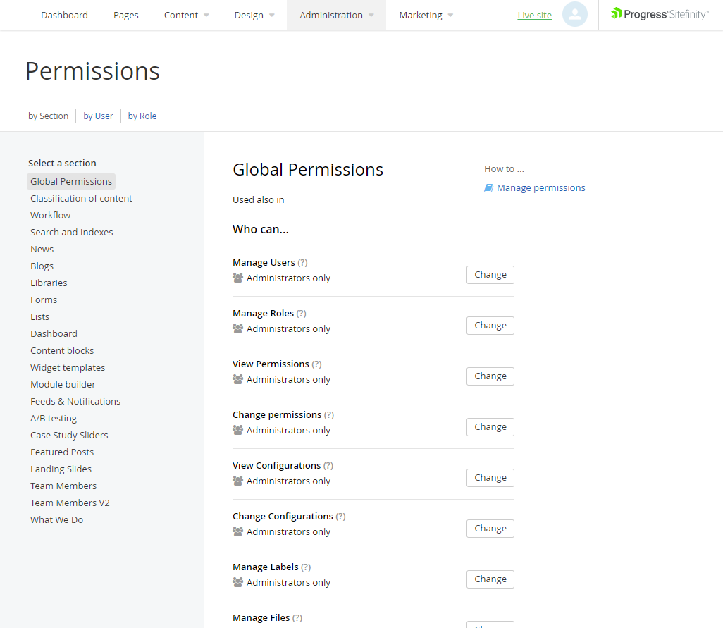 Sitefinity global permissions list