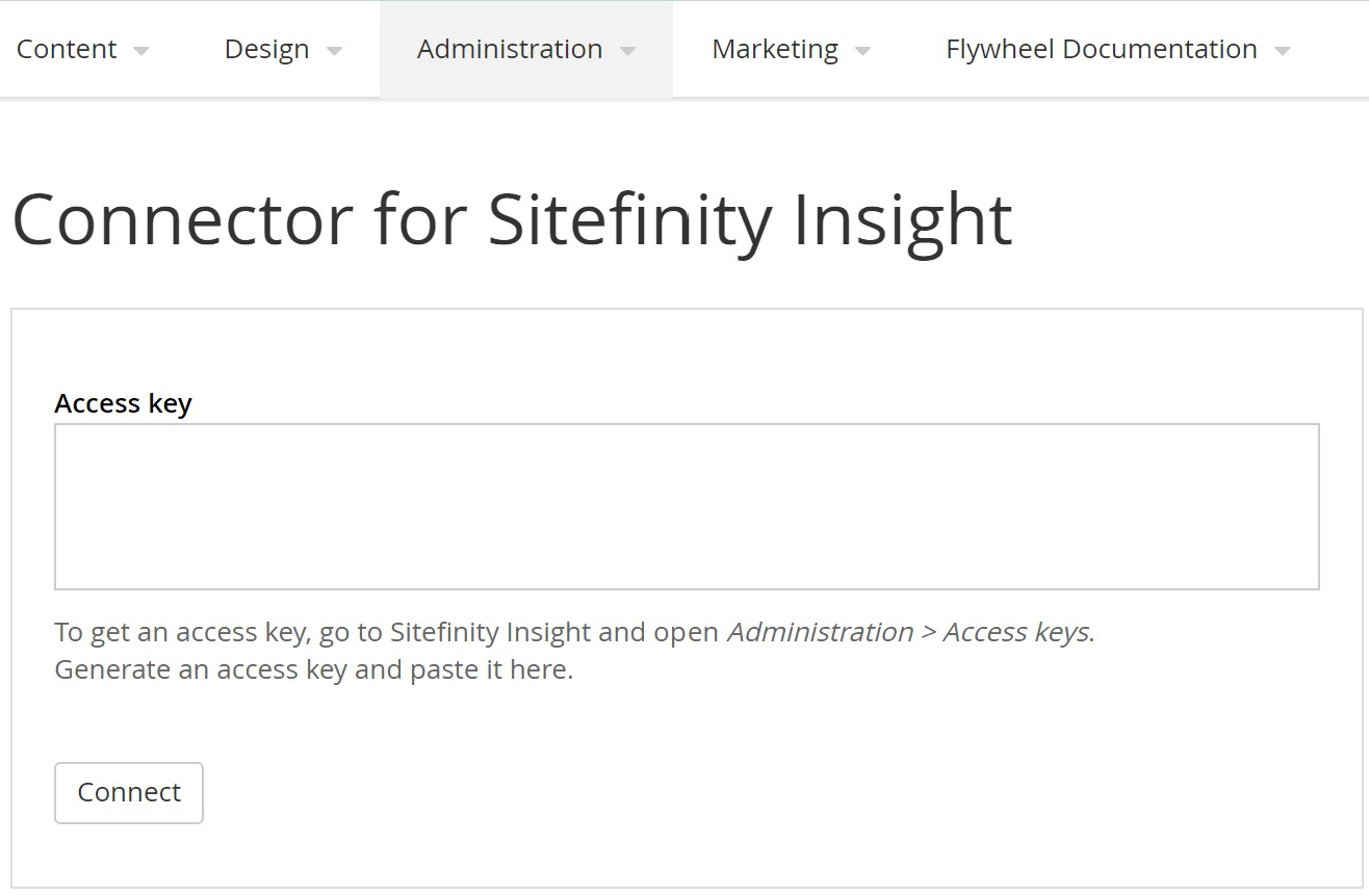 Screenshot from Sitefinity CMS showing the page to connect to Sitefinity Insight