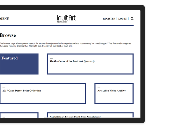 Inuit Art Foundation&#39;s website displayed on a tablet