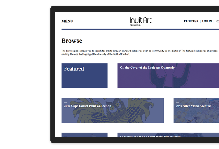Inuit Art Foundation&#39;s website displayed on a tablet