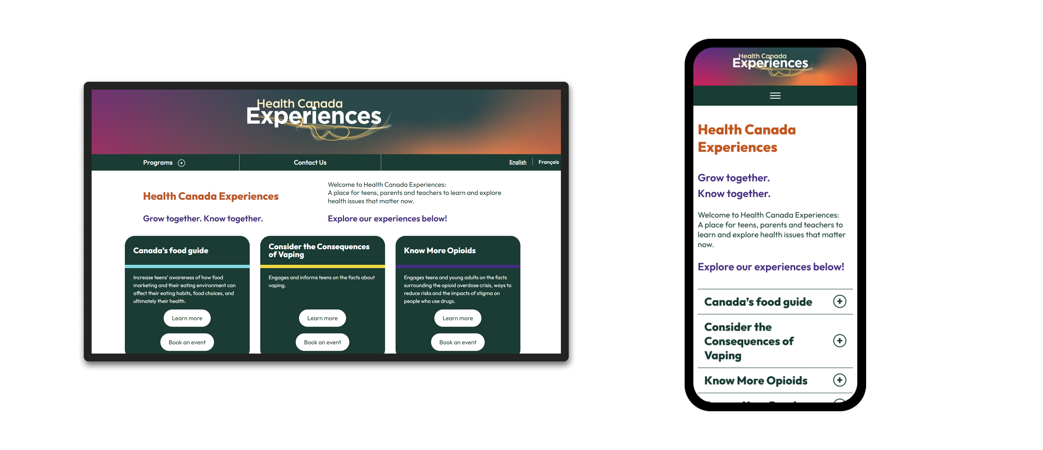 Health Canada Experiences homepage - Desktop &amp; Mobile view