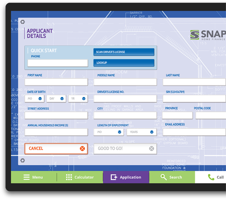 Snap Financial application displayed on tablet