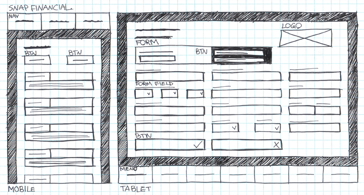 Snap Financial&#39;s mobile and tablet hand drawn wireframes