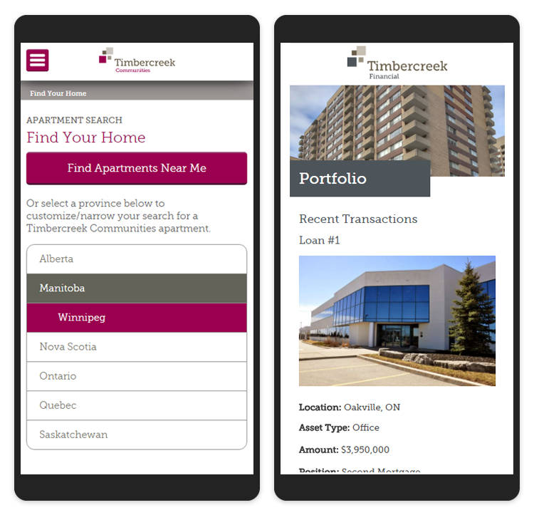 Timbercreek Communities and Financial website displayed on mobile devices